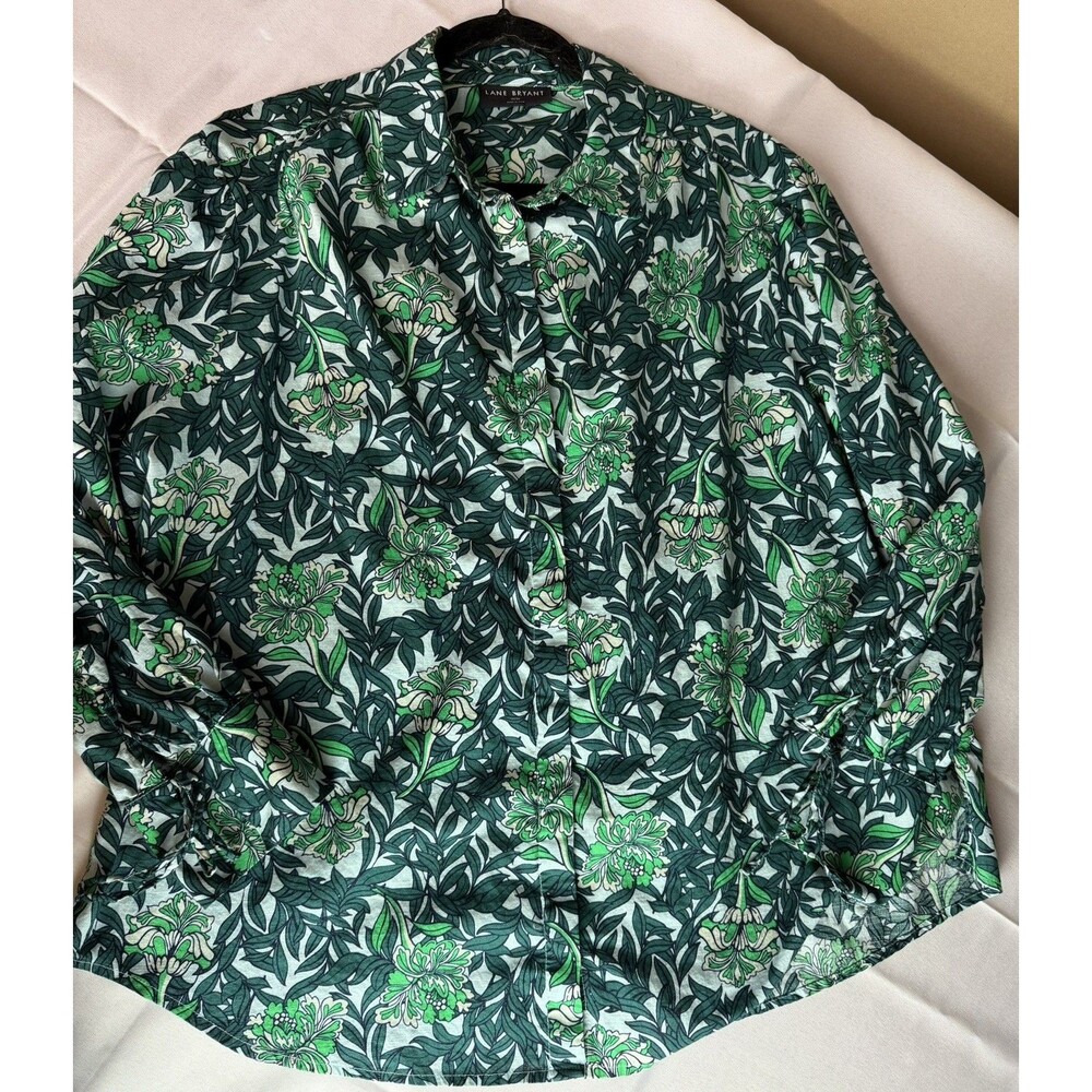 Lane Bryant Womens Botanical Floral Button Up Tie Cuff Blouse 18/20 Cottagecore